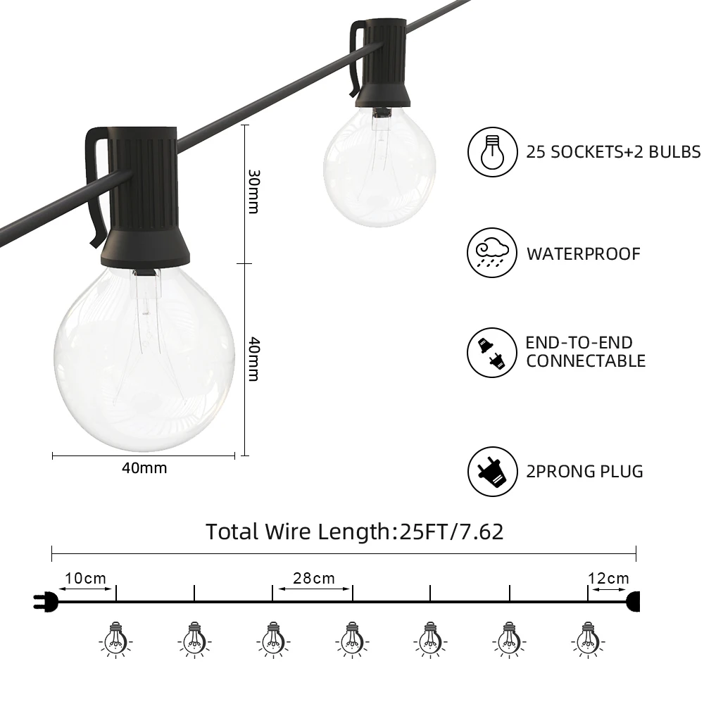 Decorative Outdoor Backyard Fairy String Light G40 Globe Party Garland String Light - 50FT Warm White 50Clear Vintage Bulbs image 2