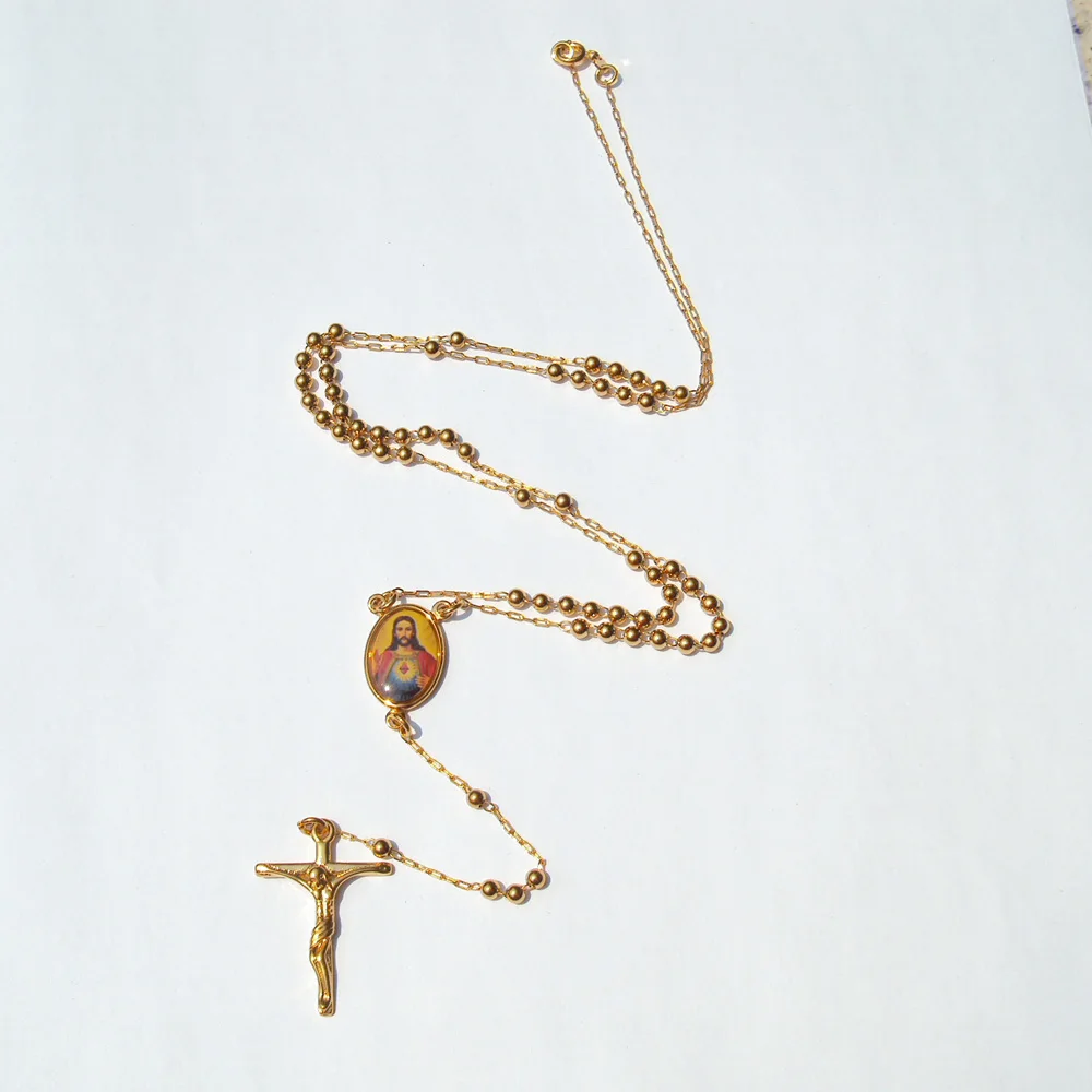 

Подвеска из желтого золота 14 карат для мужчин и женщин, крест GF/распятие, четки и бусины ожерелье цепочка длиной 60 см + 10 см