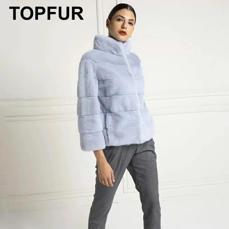 Goede Topfur Nieuwe Minkbontjas Vrouw Leren Jas Winter Jas Vrouwen Echt Bont Jas Met Kraag Plus Size Korte Jas Lichtblauw
