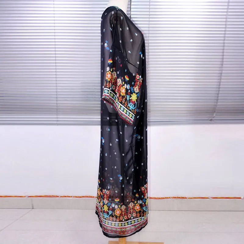 Накидка парео пляжная одежда черное шифоновое платье с цветочным рисунком