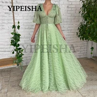 v neck half sleeve see through evening dresses bacekless crystal beading lace prom party gown robe de soir%c3%a9e femme %d0%bf%d0%bb%d0%b0%d1%82%d1%8c%d0%b5
