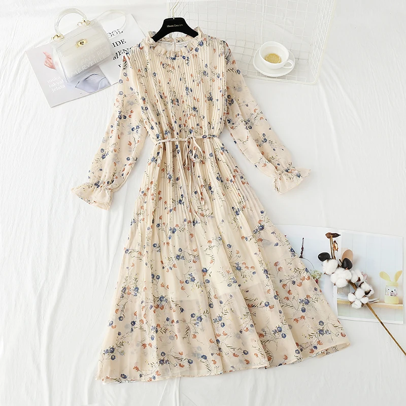 

Women Spring Floral Print Dress 2022 Female Casual O NeckFlare Sleeve Chiffon Pleate Dress A-line Vintage Clothing Vestidos