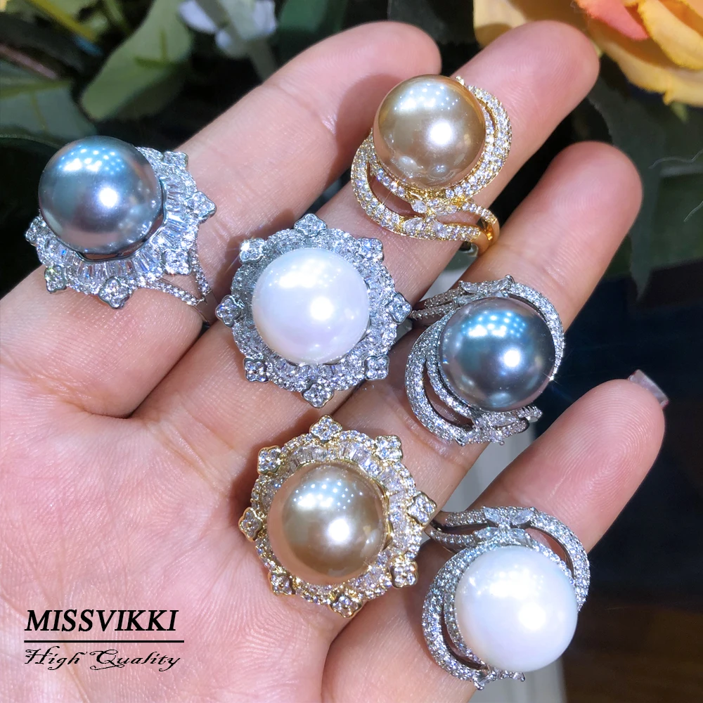 

missvikki Luxury Big Pearl Rings For Noble Women Party Daily Jewelry Cubic Zircon Dubai Naija Bridal Lady Finger Rings Gift