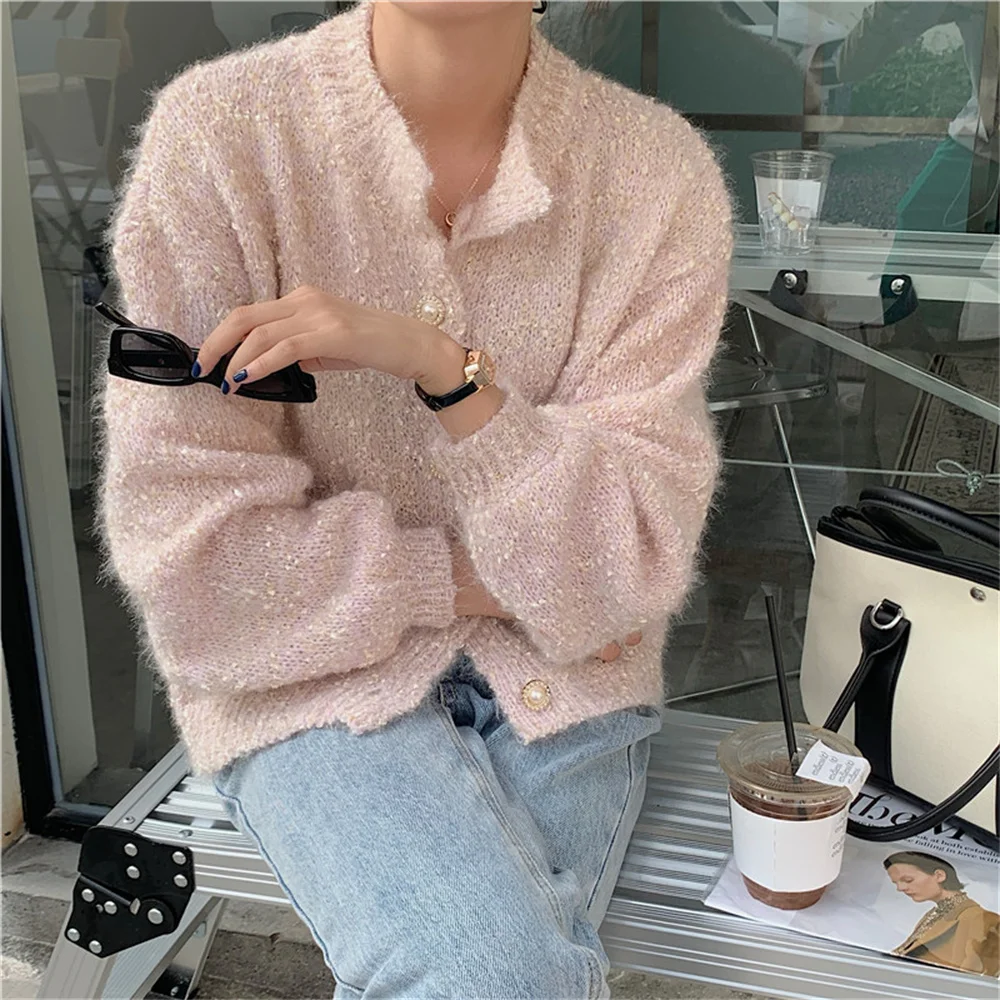 

동대문 Mohair Soft Sweet Women Knitwear Cardigans Coats All Match Autumn Slim Stylish Loose Fashion Streetwear Gentle Sweaters