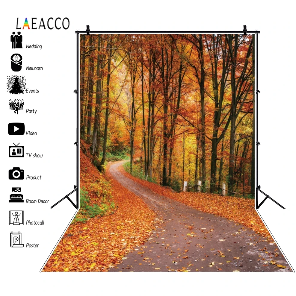 

Laeacco Autumn Scenery Forest Maple Trees Leaves Pathway Photography Backdrops Photographic Backgrounds Baby Portrait Photophone