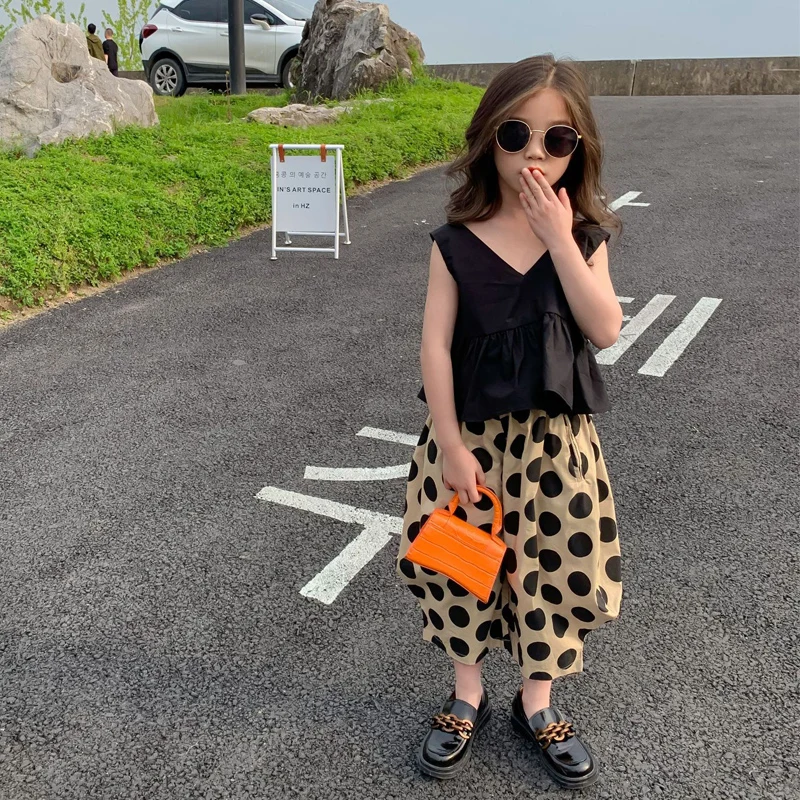 

Kids Clothes Sets Summer Baby Girls Ruffle Fashion Vest Skirts + Polka Dot Pants with Two Piece New Toddler Loose Casual Suit