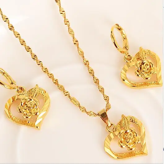 

Fashion 18 k Fine G/F Gold Dubai Romantic Heart love rose Pendant Necklace Earrings Sets Wedding PNG Jewelry Sets women