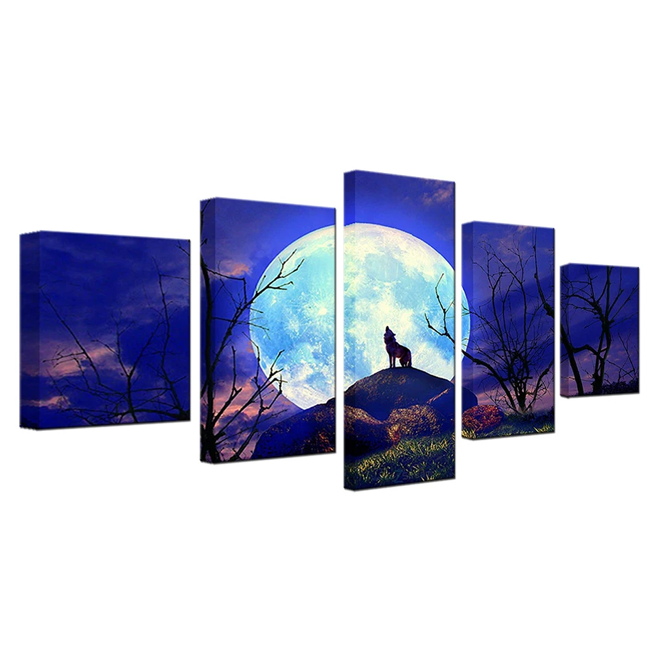 

Modern Canvas Poster For Living Room Wall Art 5 Piece Full Moon Night Forest Animal Wolf Painting HD Prints Home Decor Framework