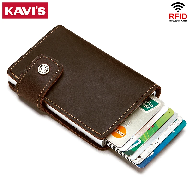 

Кошелек KAVIS из натуральной кожи, автоматический держатель для карт Crazy Horse ID из алюминиевого сплава, мужской анти-бумажник с защитой от разма...
