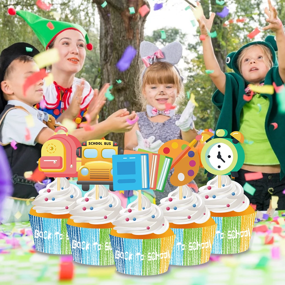

Kids Welcome Back to School Bus Party Cake Toppers Wrapper Cake Party Decorations Ruler Book Cupcake Decorating Supplies