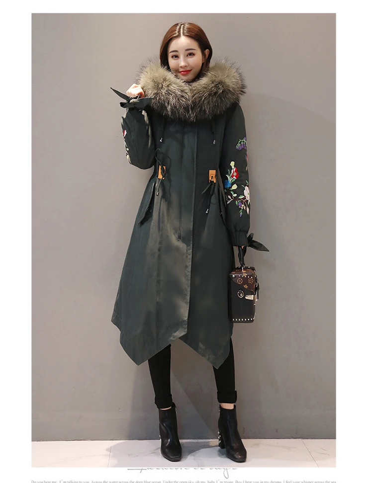 real hair amy green Одежда в китайском национальном стиле, пуховое хлопковое пальто, женская зимняя куртка с воротником из натурального меха, Женская винтажная парка с вышивкой, A613 - Цвет: real hair amy green