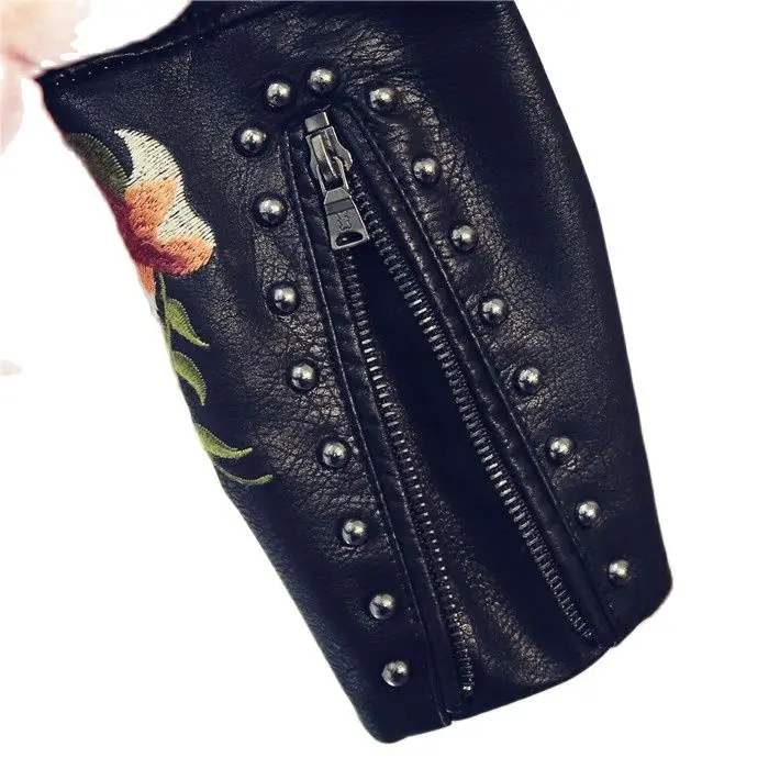 

2020 ew Korean slim black rivet embroidery washing motorcycle leather coat women's short Pu jacket faux leather jackets women