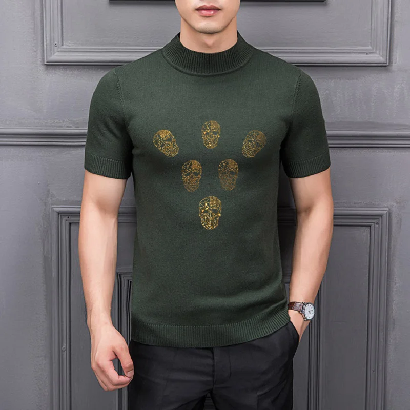 

Fashion Brand Hot Diamond Skull Men's Short Turtleneck Sweater Slim Korean Luxury Knit Pullover