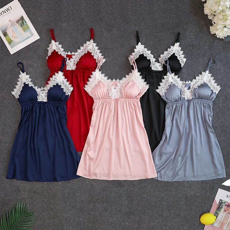 Женская сексуальная шелковая атласная ночная рубашка кружевная без рукавов