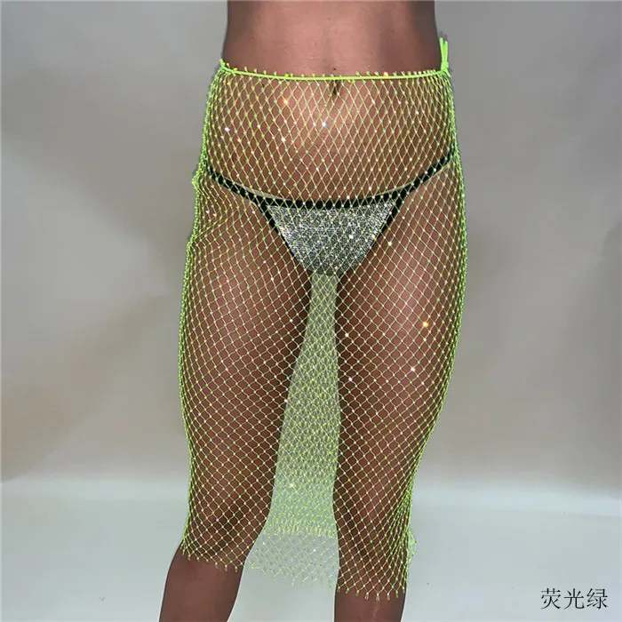 neon green Шикарные стразы на сетчатой основе ажурная длинная юбка женская летняя пляжная юбка Сексуальная Прозрачная блестящая Бриллиантовая клетчатая юбка для вечеринок Клубная одежда - Цвет: neon green