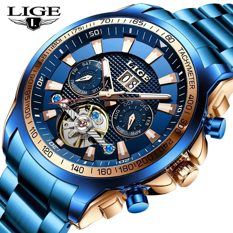 LIGE  Automatic  Men Watch Sapphire Glass Top Brand Luxury Full Steel Sport Mechanical Watch Fashion 100M Waterproof Men Watches
