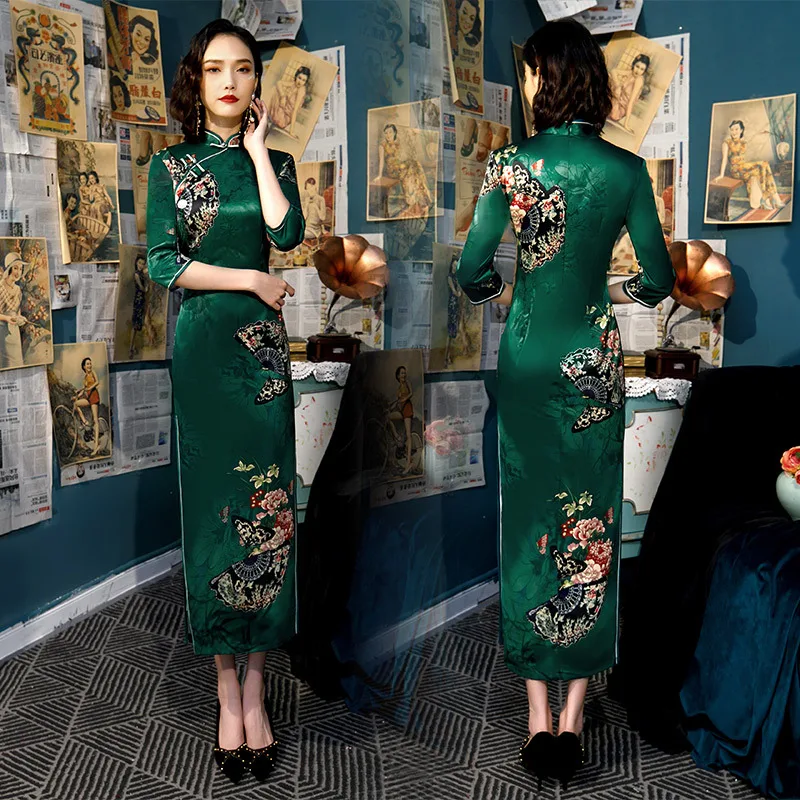 Новое поступление, традиционное женское платье, плюс размер, 4XL, Qipao, Дамское, вискозное, сексуальное, длинное, с принтом, Cheongsam, ручная работа, на пуговицах, винтажное, китайское платье - Цвет: C