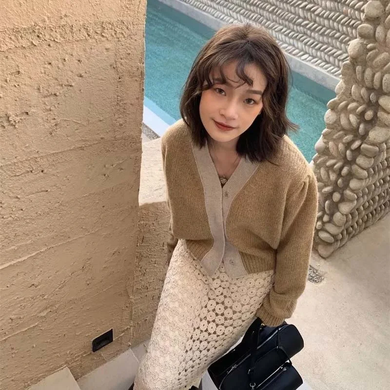 

Girl's Pink Purple Early Autumn Korean Style 2021 New Mohair Color Matching Knitted Coat Women's Long-Sleeved Cardigan Sweater