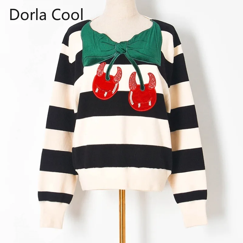 

New Designer Women Striped Sweaters Sequins Cherry Pullovers Patchwork Bow Knitted Tops Female Loose Outerwear Party Jumpers