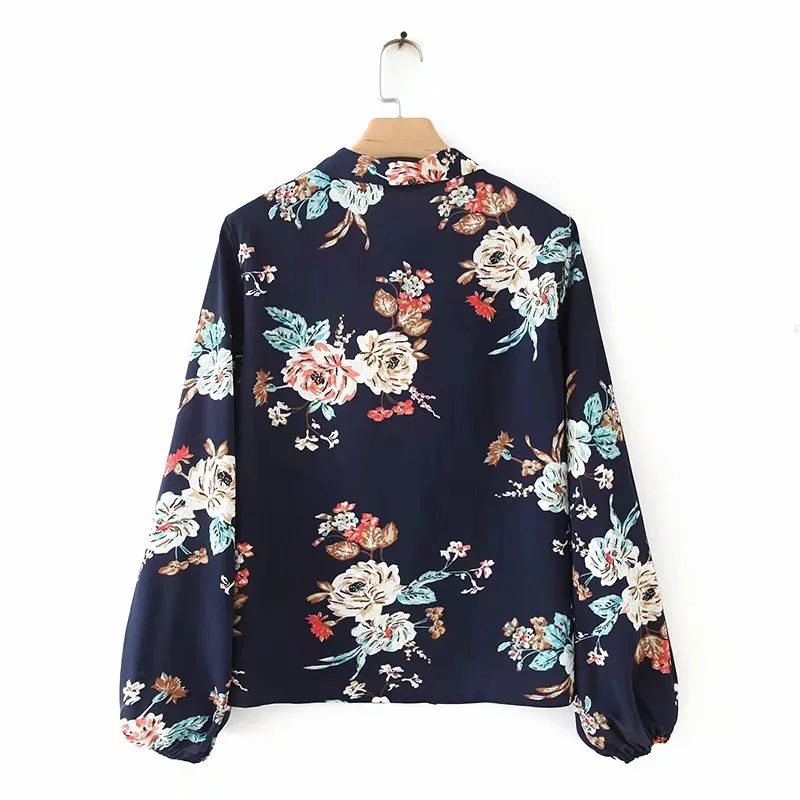 Женская винтажная шифоновая блузка с цветочным принтом и бантом на воротнике