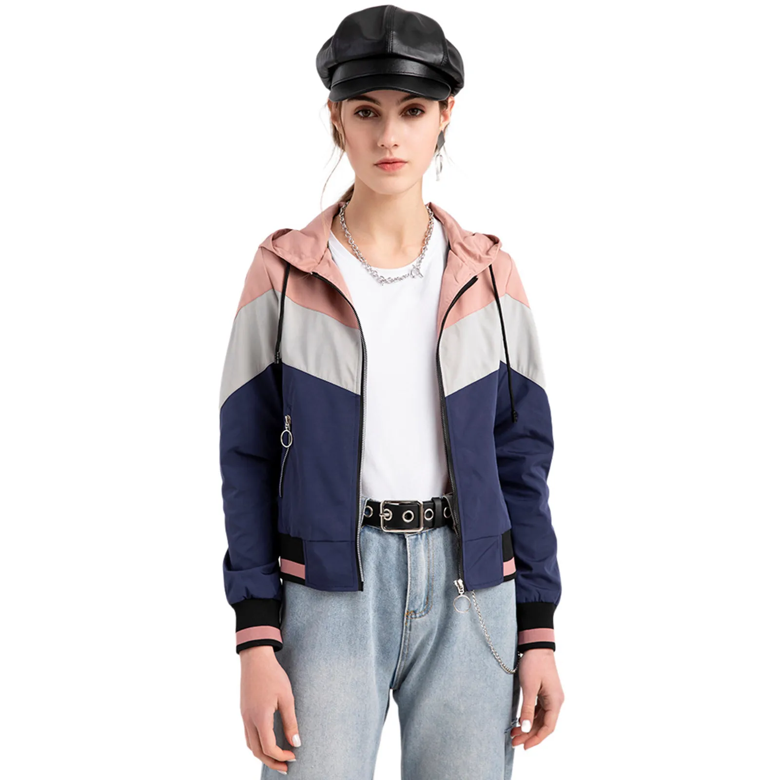 

Fashion Hooded Bomber Jacket Ladies Zipper Loose Windbreaker Raincoat Colorblock Drawstring Jacket Female Outdoor #40