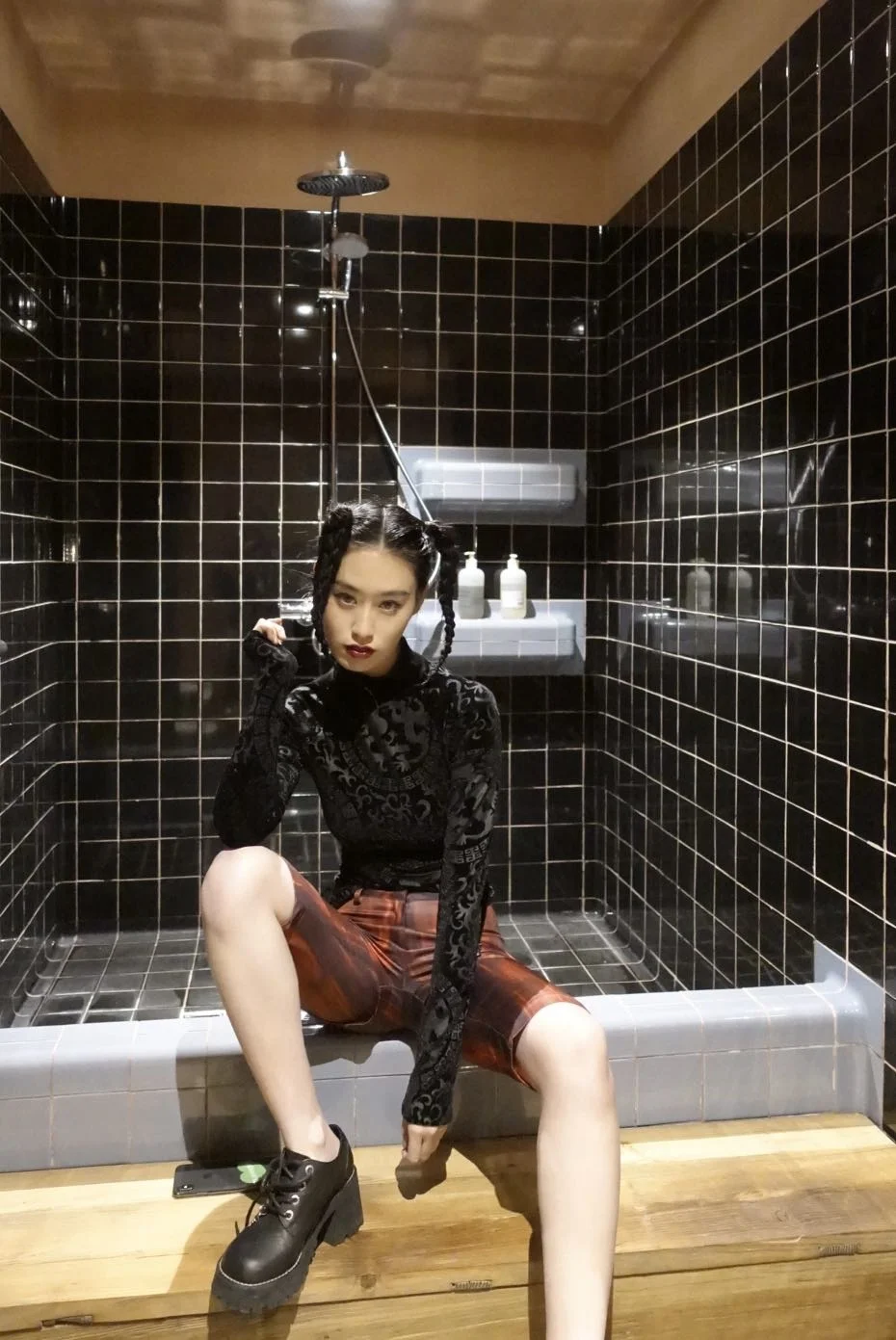 

Chinese Dragon Design Velvet Turtleneck Black shirt Punk Gothic Slim-Fit Long-Sleeved Upper Garment for Women