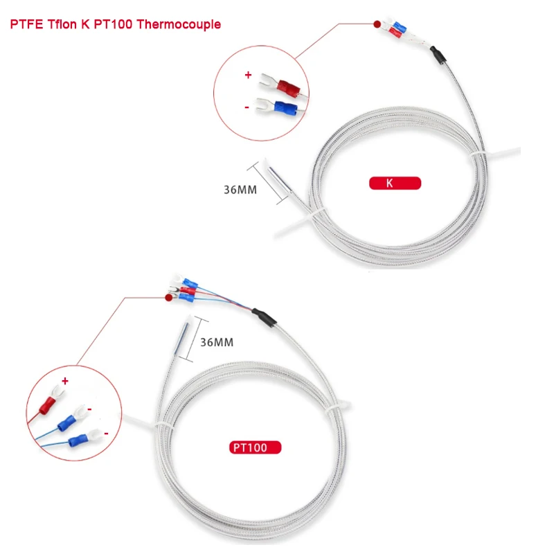 

-200-200 Degree PTFE Sleeve K PT100 Temperature Sensor 36mm Probe 1/2/3/4/5 Meter Cable RTD Industrial TEMP Controll Waterproof