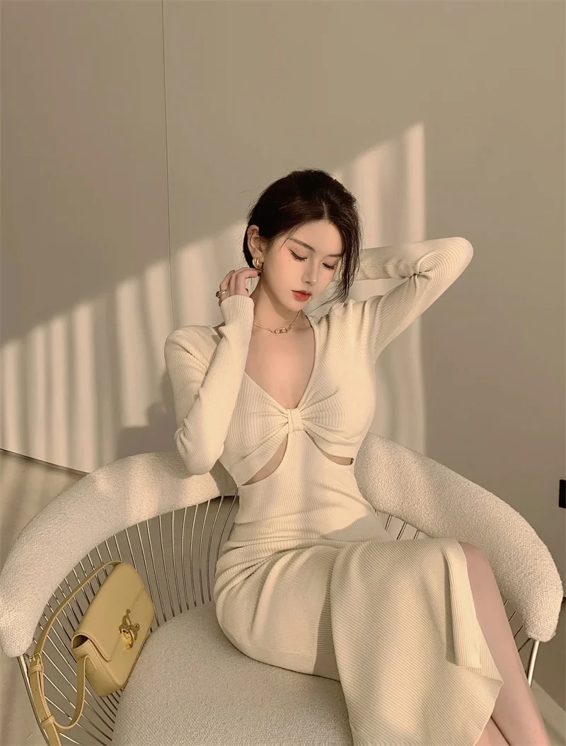 

Elegant Dress 2021 Autumn Winter Korean Design Sense High Sense V-neck Closing Waist Shows Thin Temperament Open Fork Hip