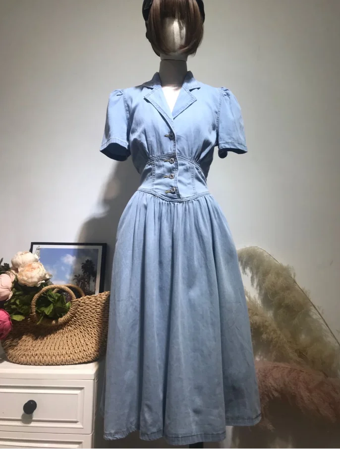 Новое летнее винтажное джинсовое платье с вырезом на спине и отложным воротником, с короткими рукавами, элегантное.