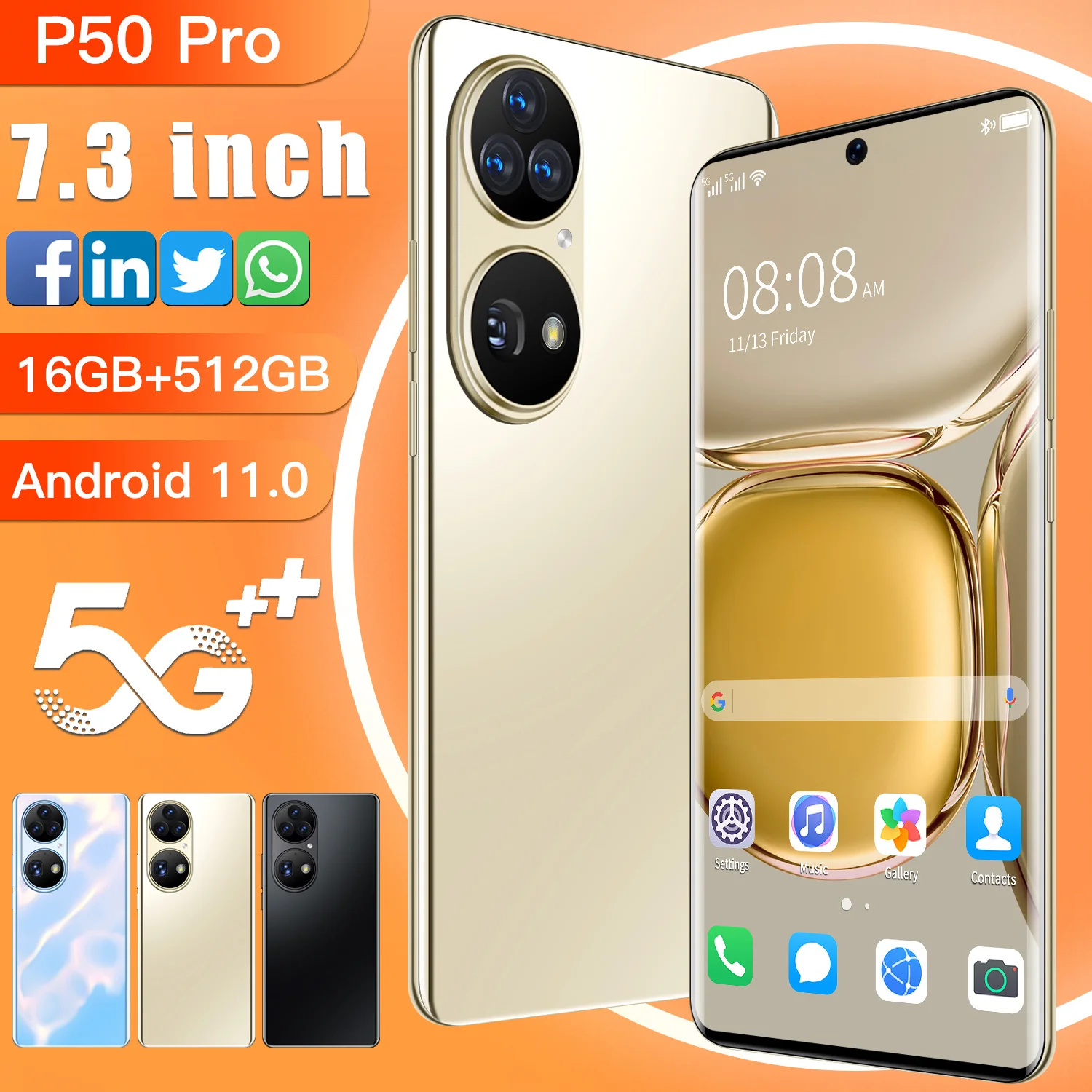

Global Version Smartphones P50 Pro 512GB ROM Dual SIM Cellular phones 7.3 inch 8000Mah Andriod 11 Deca Core MTK6893 64MP Phones