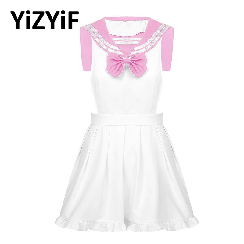 

Women Sexy Maid Cosplay Costume Sailor Suit Dress Sleeveless Front Bowknot Backless Maid Apron Role Play Sexy Maid Dresses