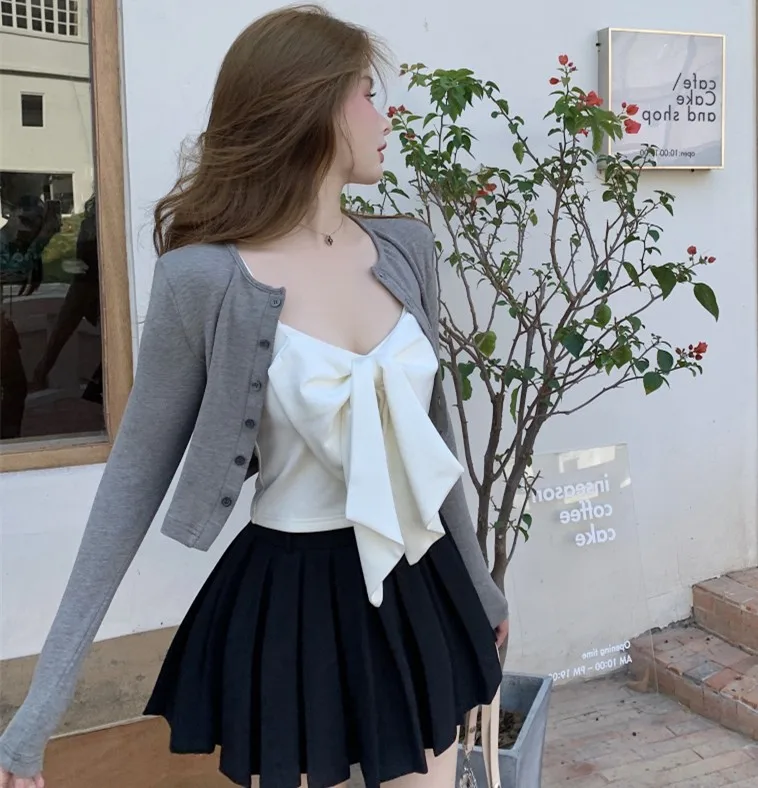 

Женские комплекты из 3 предметов, Элегантный Модный Кардиган с длинным рукавом + привлекательный милый бант на бретельках + плиссированная м...