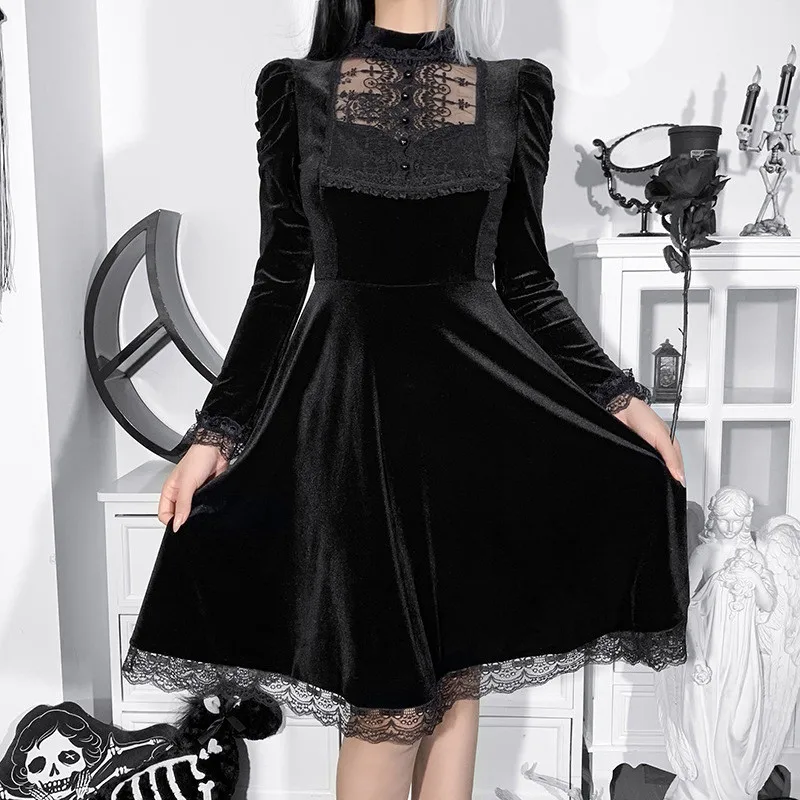 

Женское вельветовое платье в готическом стиле y2k, черное платье-миди с длинными рукавами-фонариками и кружевной отделкой, вечерние платья-т...