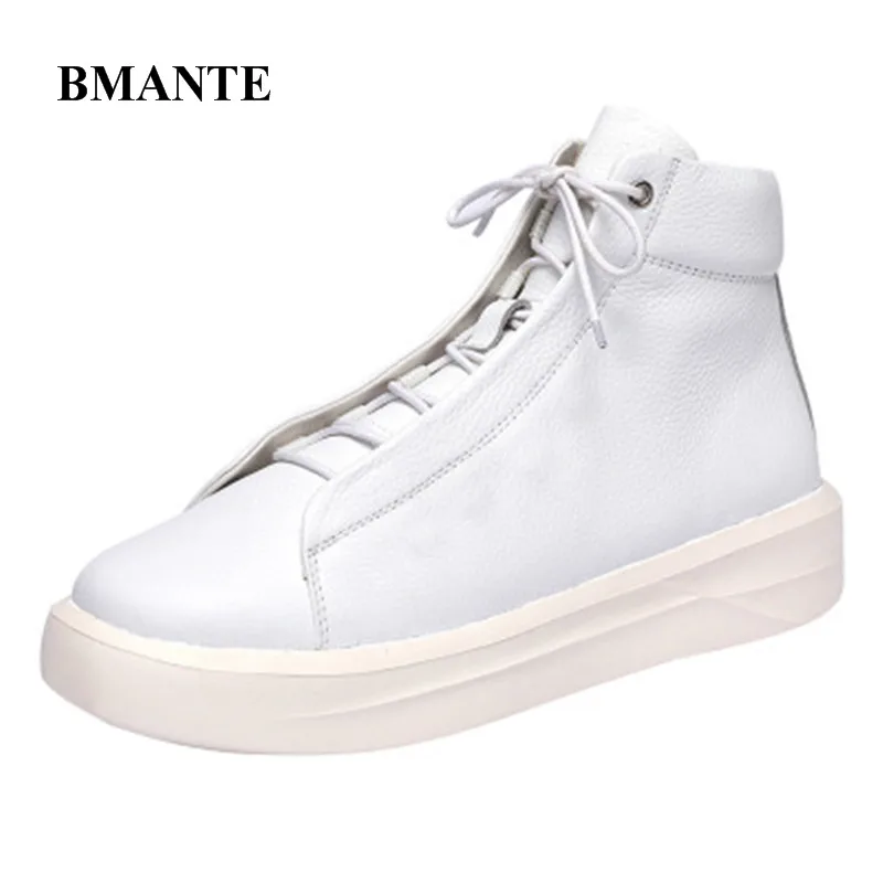 

Bmante Genuine Leather Men Shoes Solid White Casual Trainers High Top Ankle Boots Lace-Up Owen Gothic Flat Sneaker High Street