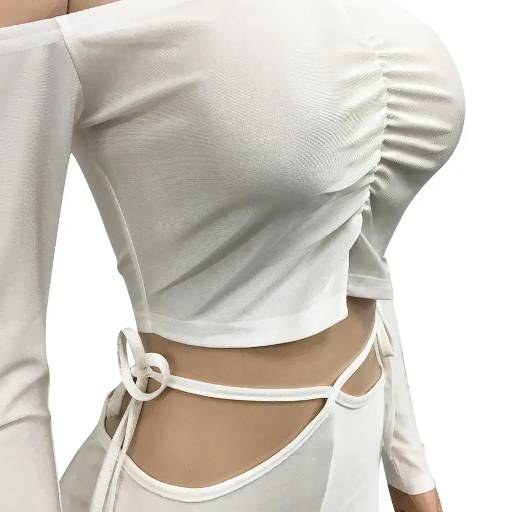 

Sexy Slash Neck Two Piece Set Women Tracksuit Set Jogging Crop Top +Stacked Pants Streetwear Bandage For Women Outfits