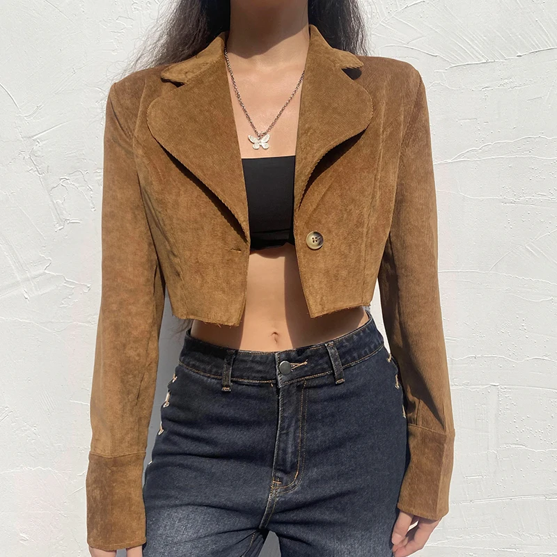 

Женские короткие вельветовые куртки, Однотонные кардиганы с длинным рукавом и воротником-стойкой на пуговицах для взрослых, Осенние повсед...