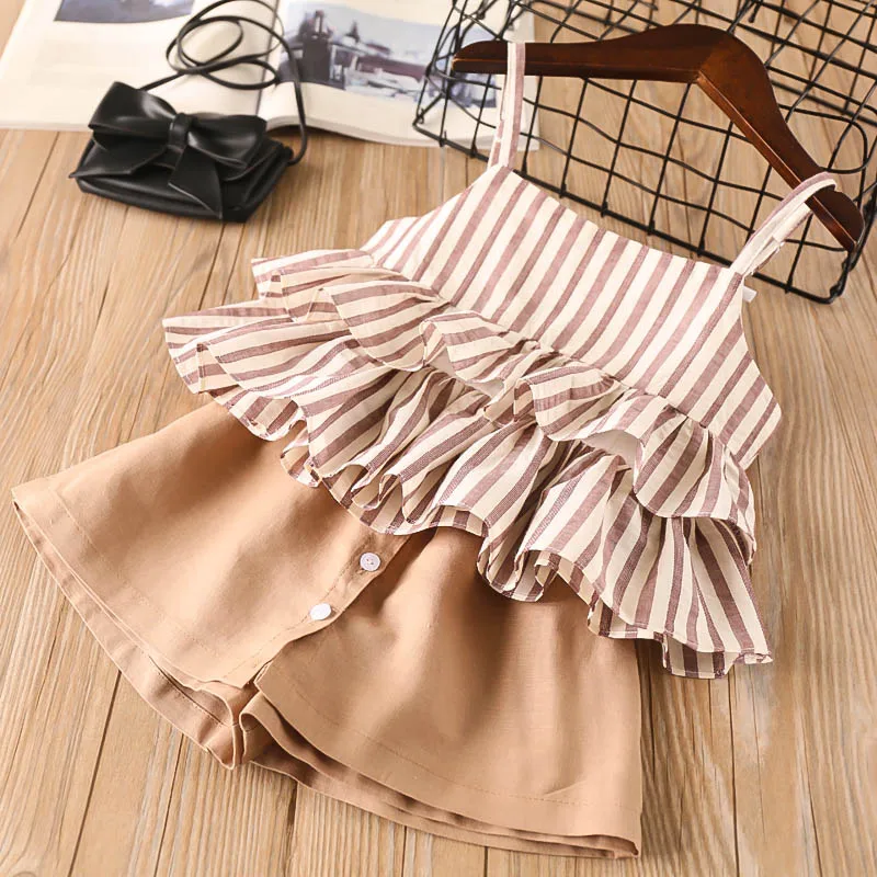 

2021 spring new Girlâ€™s Summer Two Piece Set Fashion Striped Ruffles Suspender Tops and Solid Color Button Culottes