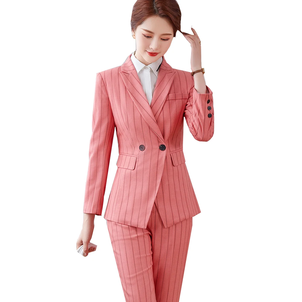 Women Office Formal Business Work Wear Pant Suit Ladies Pink Gray Green Striped Long Sleeve Classic Slim Two Piece Set Blazer