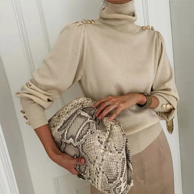 

Fashion Chic Warm Sweaters Women Knitted Jumpers 2021 Spring Stretch Buttons Full Sleeve Turtleneck Pullovers Femme Clothes