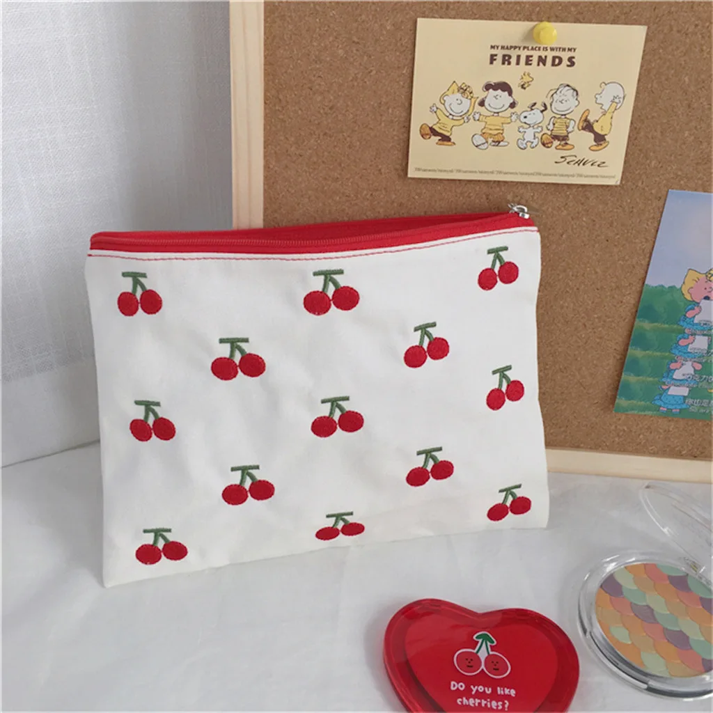 Kawaii красная клетчатая вишневая вышивка, переносные косметички, клатч, сумка для хранения, тканевая косметичка, маленький кошелек для монет, ...