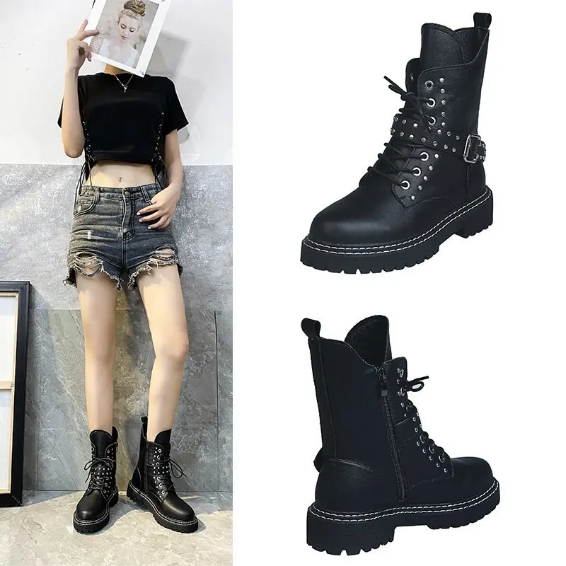 

Plus Size Leather Women's Platfom Ankle Boots New Fashion Lace-Up Women Chunky Shoes Buckle Strap Lady Casual Rivet Boots Women