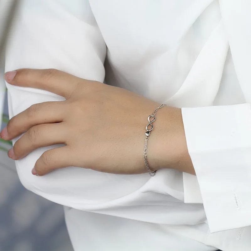 ElfoPlataSi 100% 925 Real Sterling Silver Elegant Double Layer Infinity Heart Bracelet 17cm For Gift Girls Lady XY709 | Украшения и