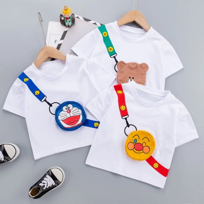 

2021 Printed Carrying Circle Backpack Cartoon Short Sleeve with Bag Oversized T-shirt for Boys Toddler Girl Children's Clothing