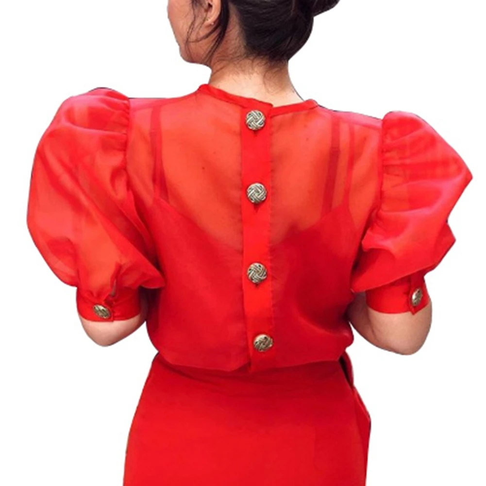 

Women Puff Short Sleeve See Through Summer Ladies Sexy Slim Fit See Through Shirt Blouse Plus Size