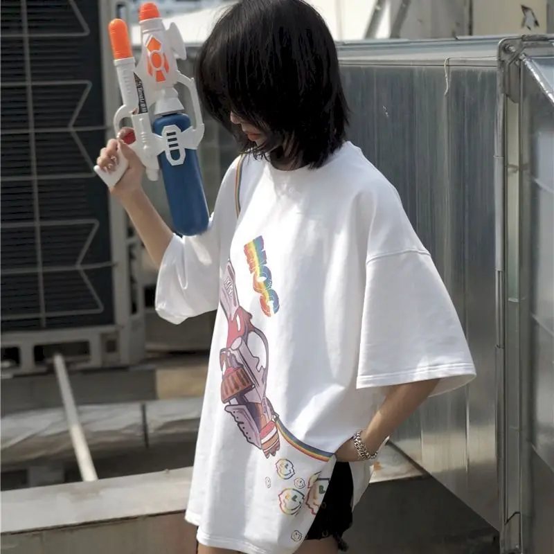 

Short-sleeved White T-shirt Female Summer New Korean Version College Wind Cartoon Printing Loose Student Casual Top Tide
