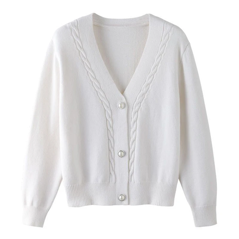 

shintimes White Cardigan Long Sleeve Knitted Sweater Women 2020 Fashion Autumn Winter V-Neck Loose Tops Woman Jacket Pull Femme