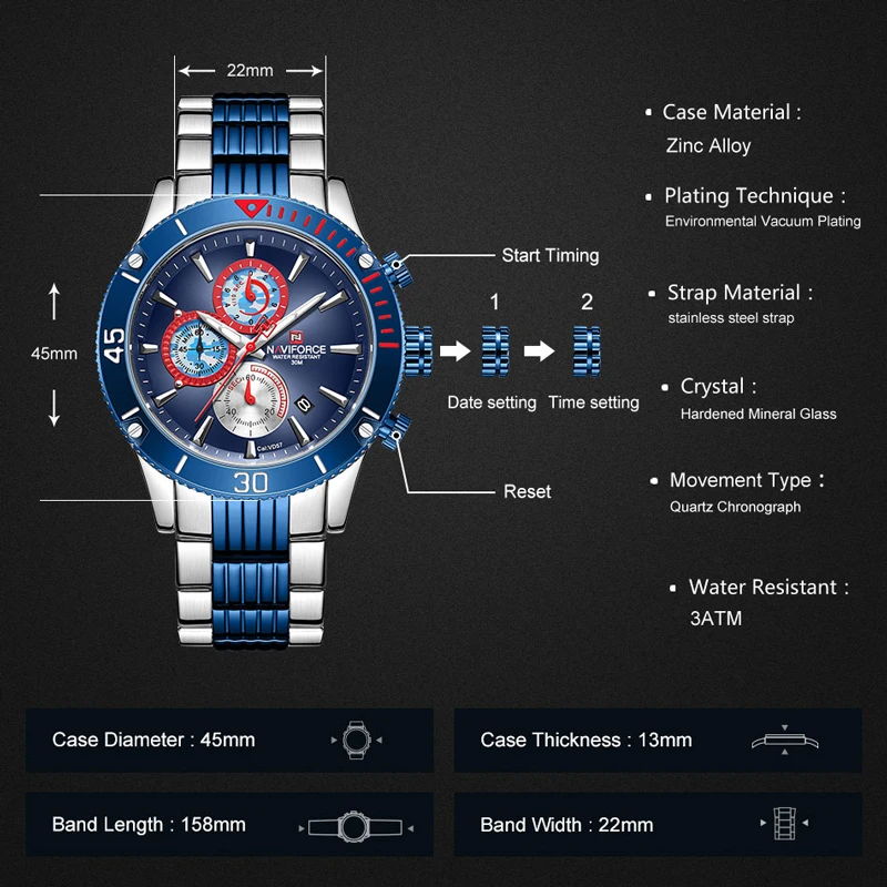 Часы NAVIFORCE мужские деловые брендовые Роскошные модные повседневные спортивные