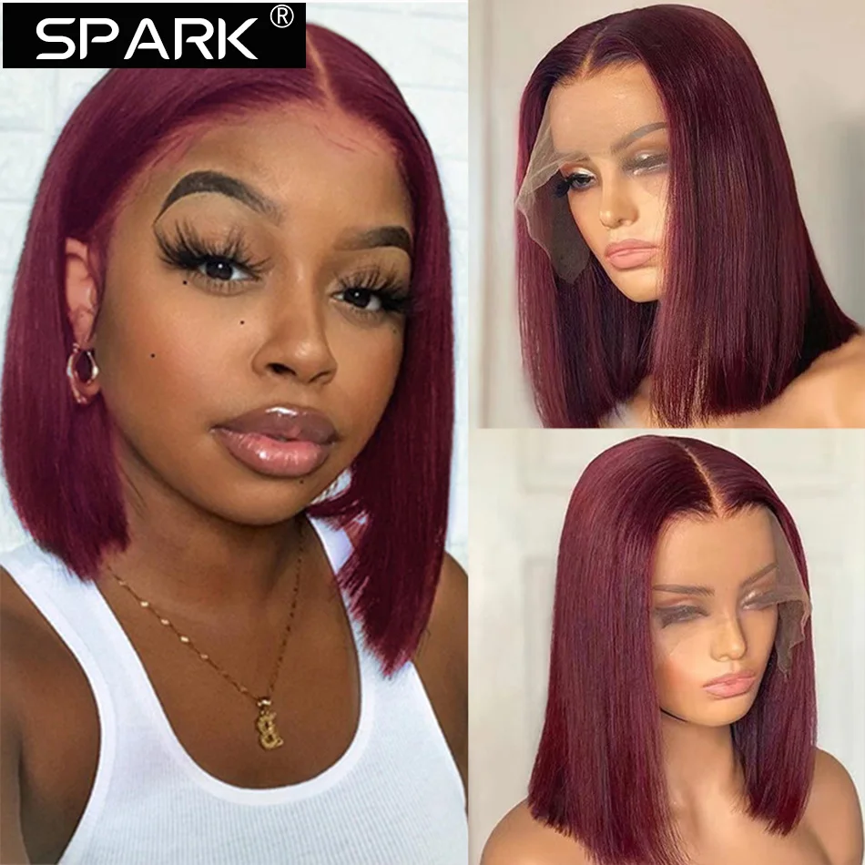 Burgundy Blunt Cut Short Bob Lace Front Wig Transparent Deep Curly 99J Red Wine Colored Human Hair Lace Frontal Wig For Women