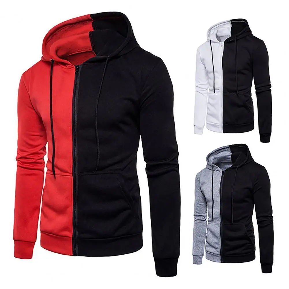 

Men's Jacket Coat 2021 Hooded Zipper Closure Men Jacket Patchwork Long Sleeve Drawstring Side Pockets Sweatshirt Male Clothing
