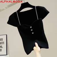 alphalmoda 2021 summer women elegant chain sweater sequire collar diamond chains ladies vintage fashion jumper black white